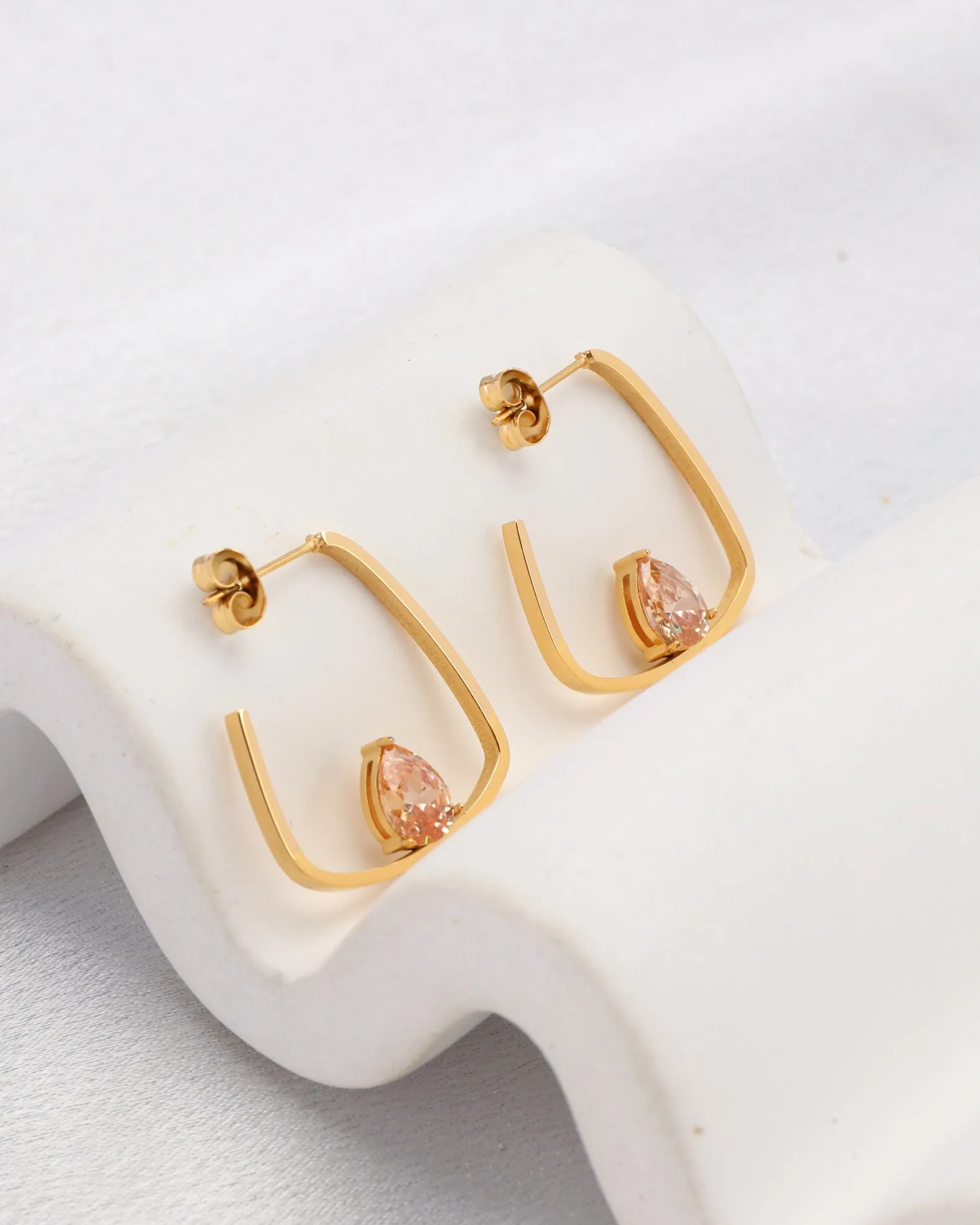 Champagne Teardrop Zirconia Gold Block Hoop Earrings