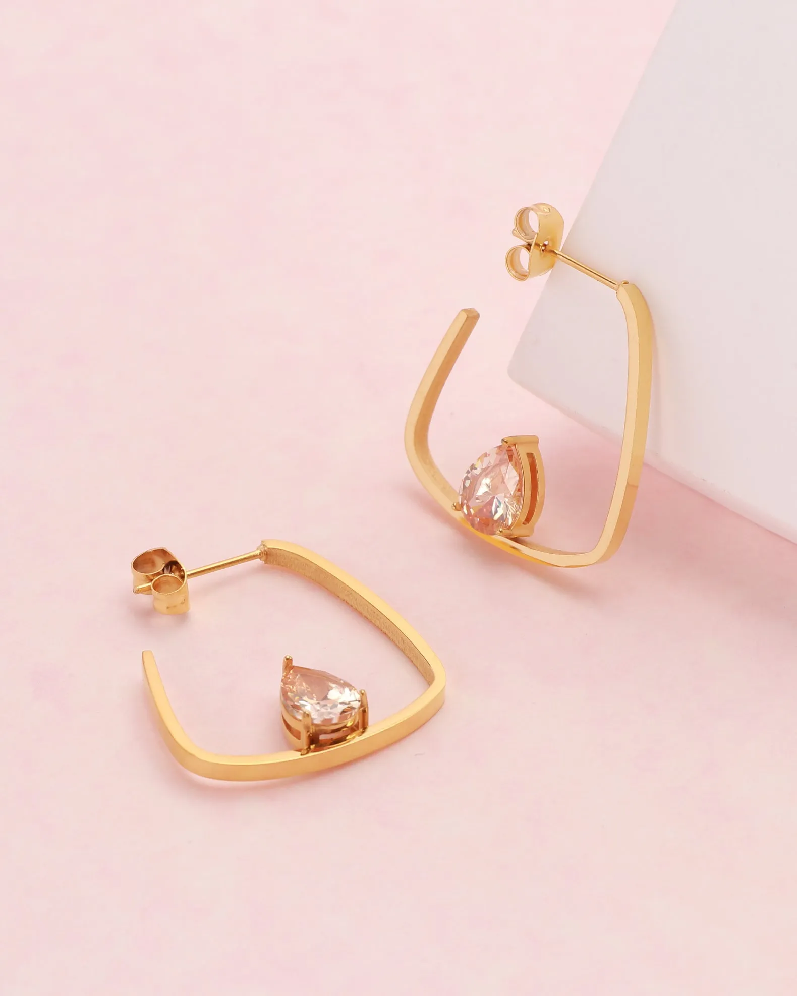 Champagne Teardrop Zirconia Gold Block Hoop Earrings