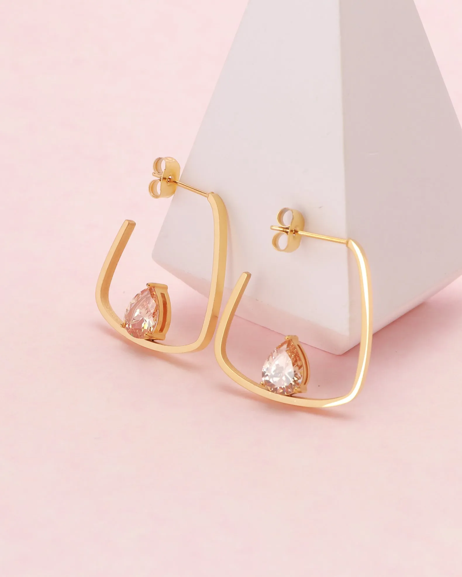 Champagne Teardrop Zirconia Gold Block Hoop Earrings