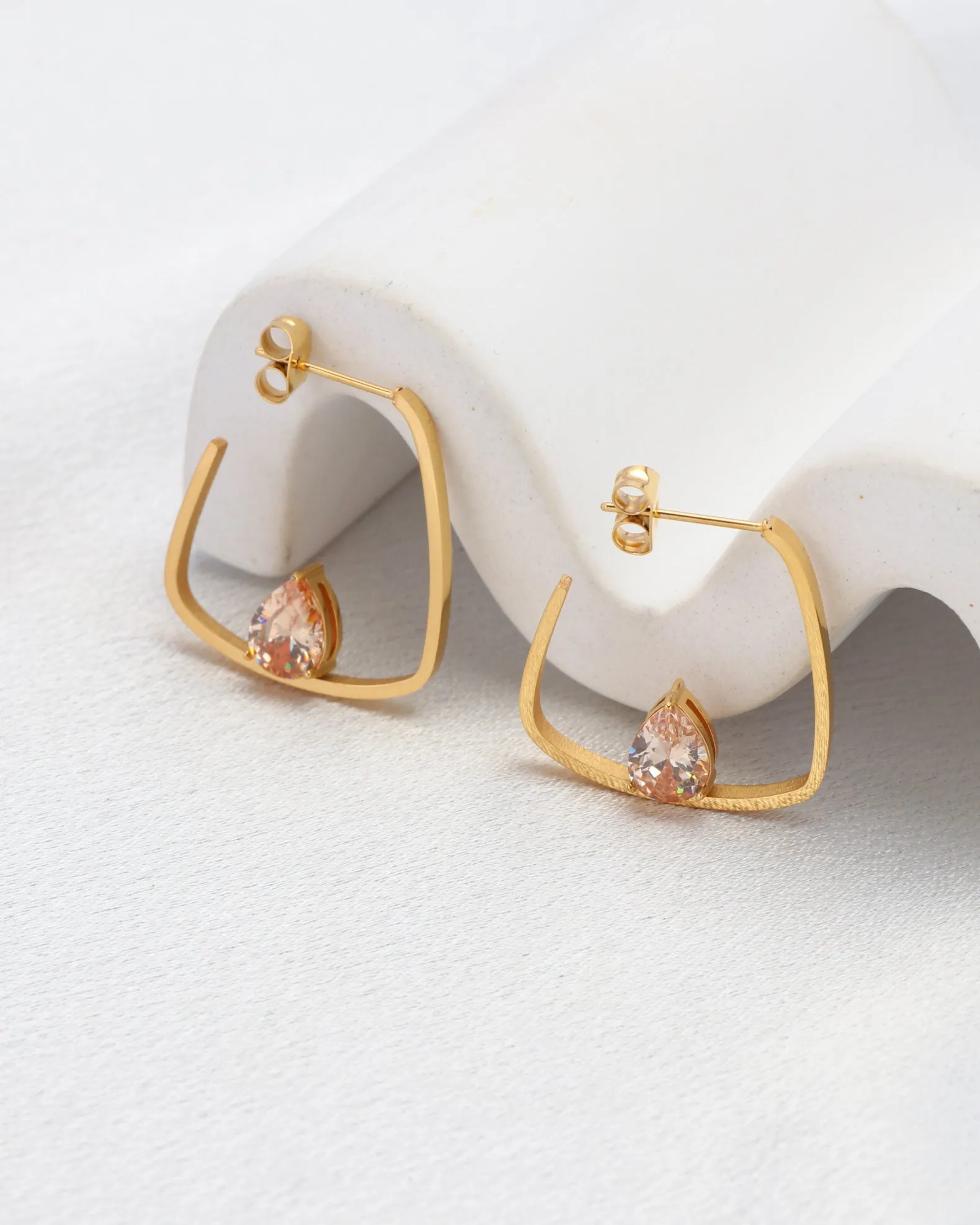 Champagne Teardrop Zirconia Gold Block Hoop Earrings