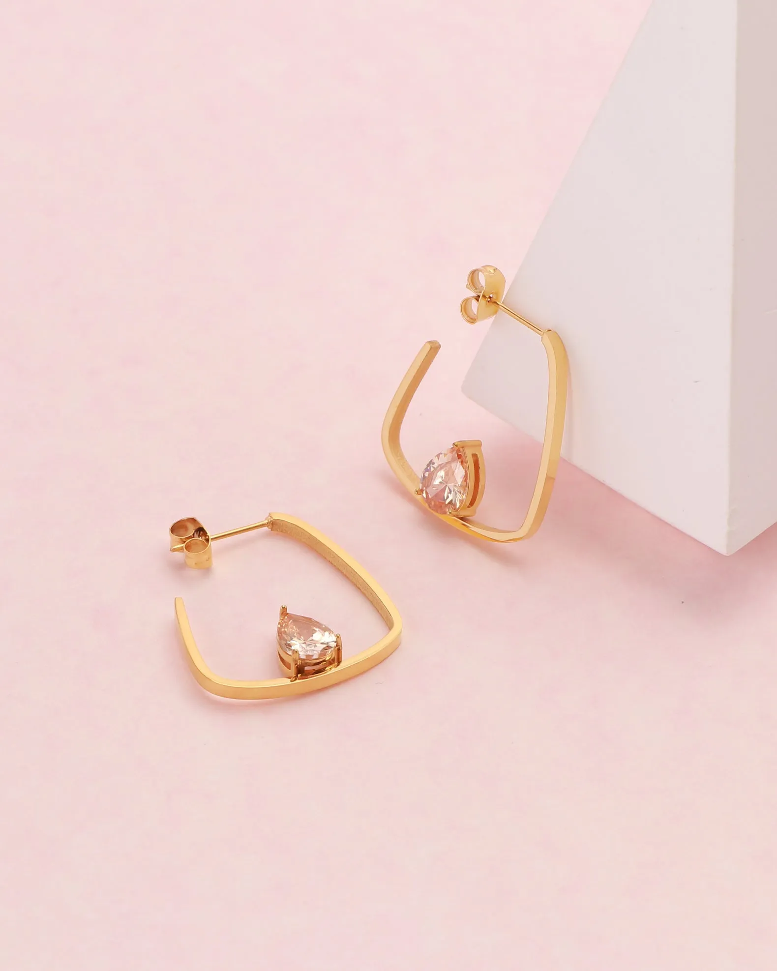 Champagne Teardrop Zirconia Gold Block Hoop Earrings