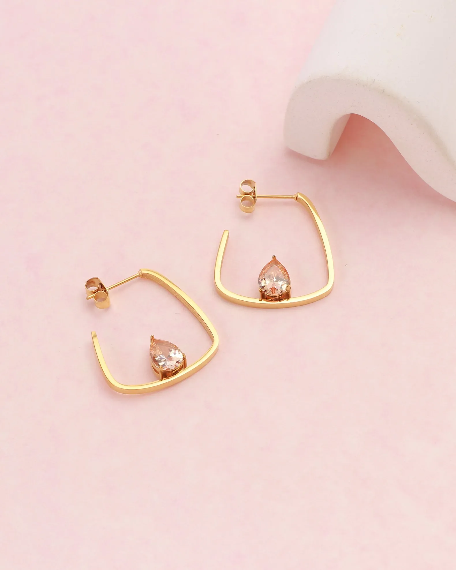 Champagne Teardrop Zirconia Gold Block Hoop Earrings