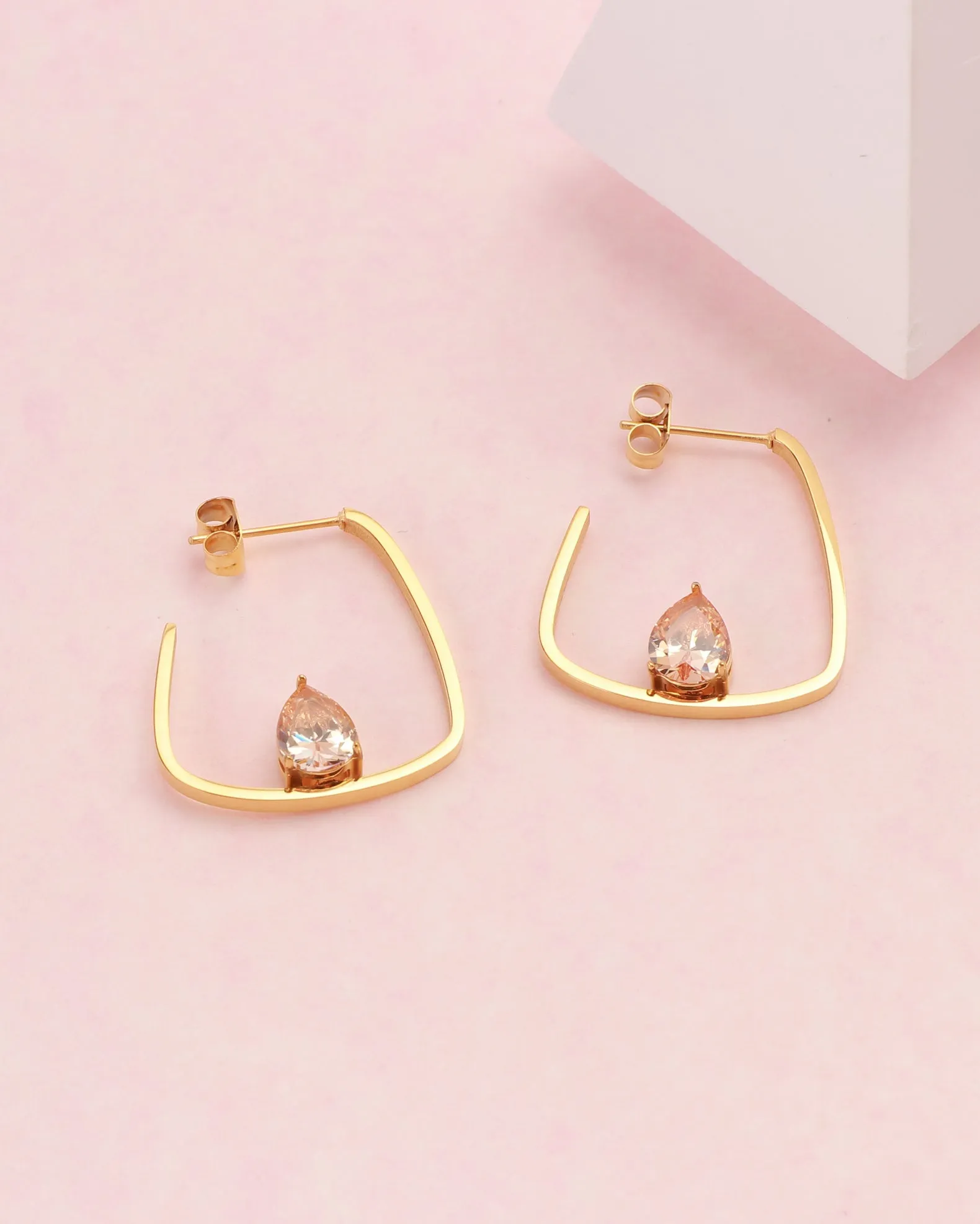 Champagne Teardrop Zirconia Gold Block Hoop Earrings