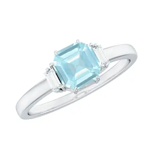 Claw Set Asscher Cut Sky Blue Topaz Solitaire Engagement Ring with Diamond