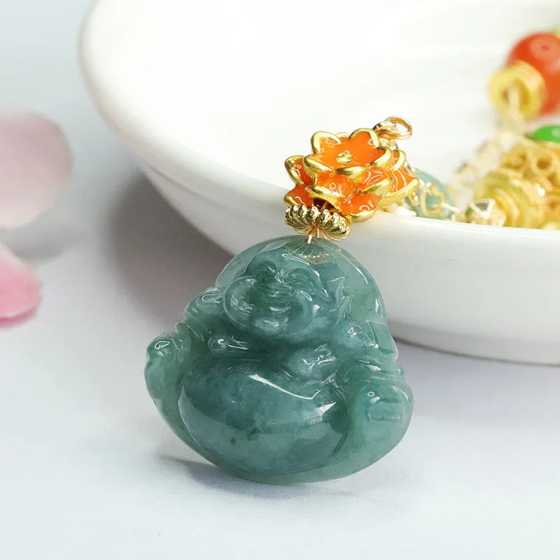 Colorful Lotus Maitreya Buddha Necklace with Natural Jade Stone