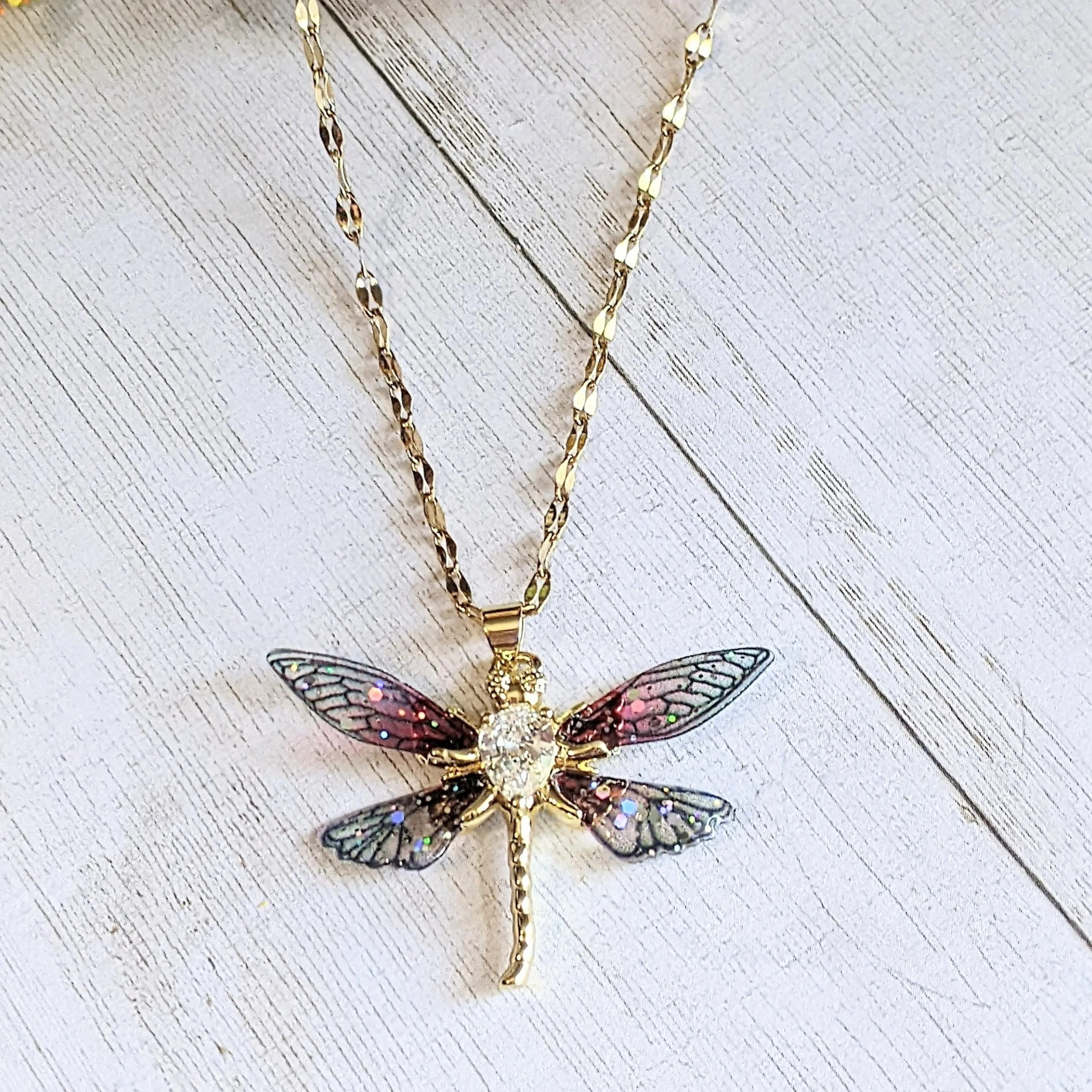 Colorful Resin Dragonfly necklace, 22 inch