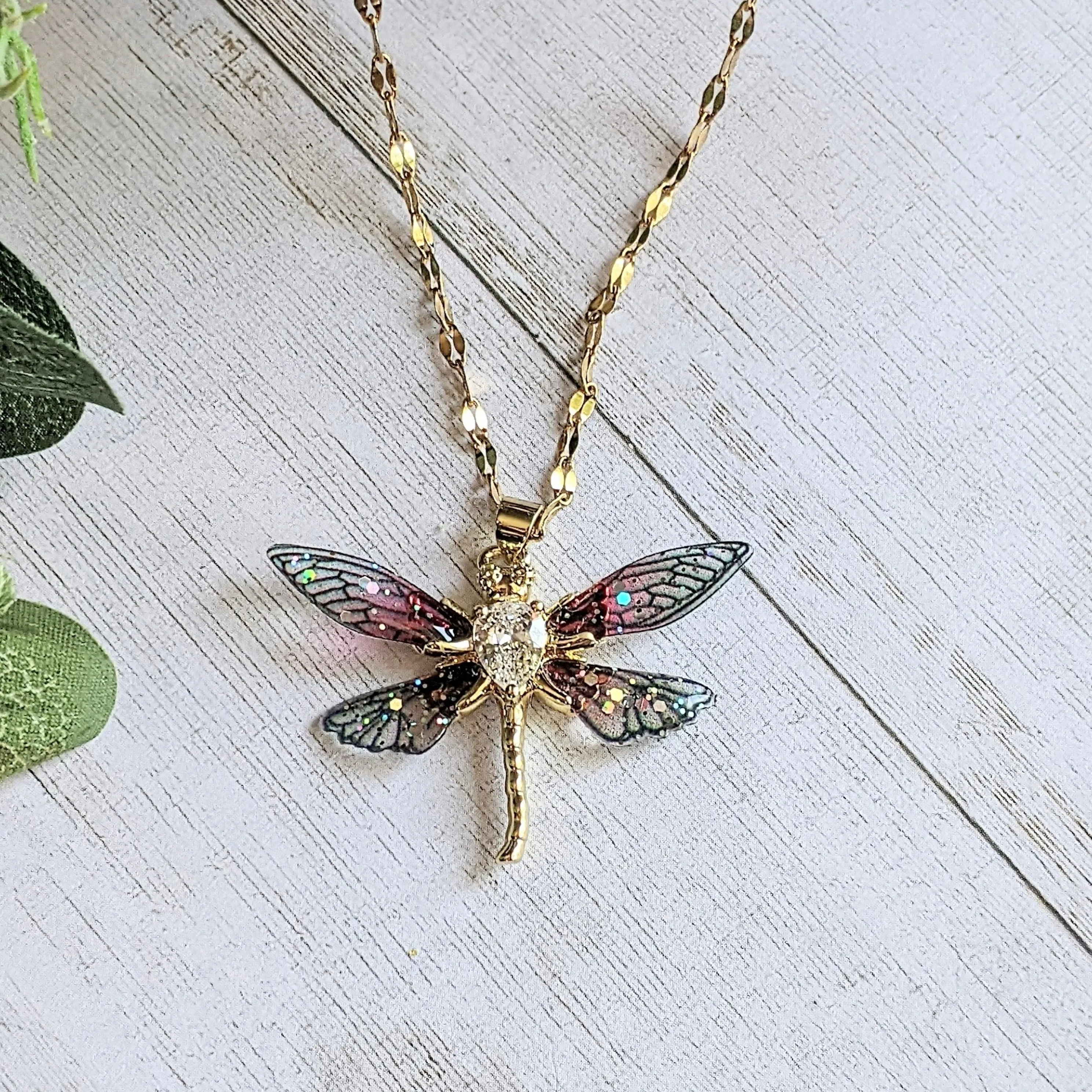 Colorful Resin Dragonfly necklace, 22 inch