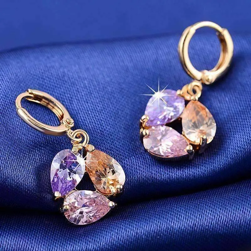 Crystal Cluster Pear Shape Cubic Zirconia Dangling 18K Rose Gold plated Charm Earrings for Women by Feshionn IOBI