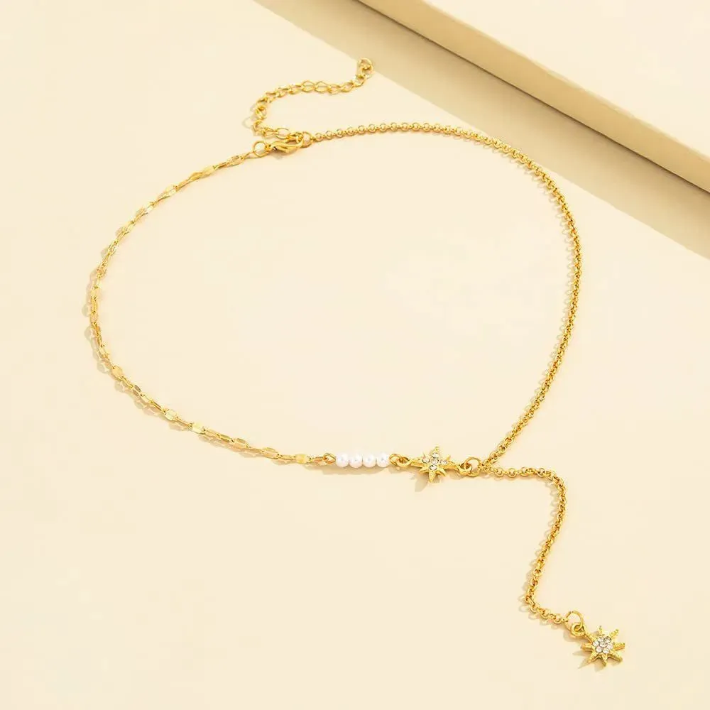 Crystal Gold-Plated Pearl Decor Lariat Necklace