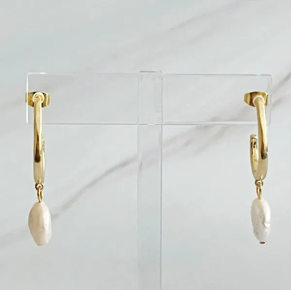 Dangle Pearl Gold Hoop Earrings