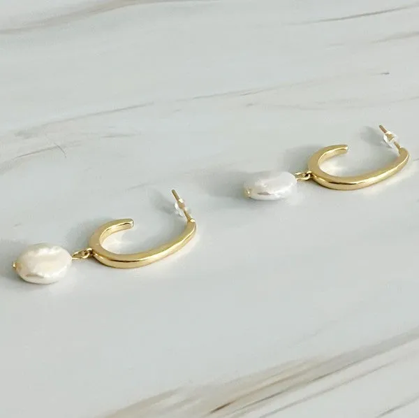 Dangle Pearl Gold Hoop Earrings