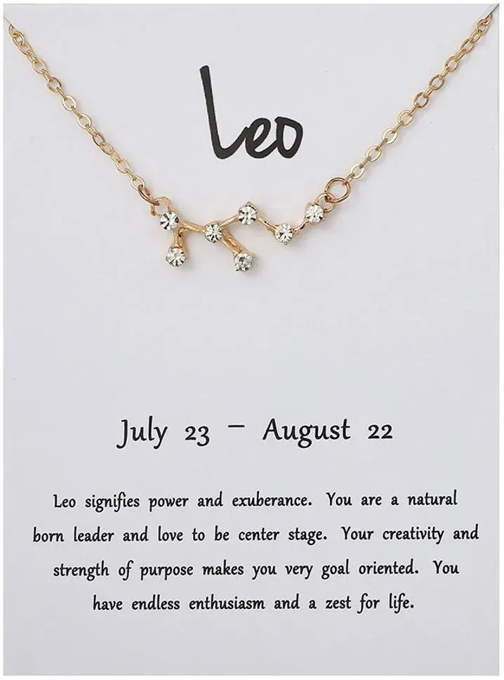 Desiny Jewels Gold Plated Rhinestone Decor Leo Horoscope Astrology Zodiac Letter Card Necklace Alloy Necklace