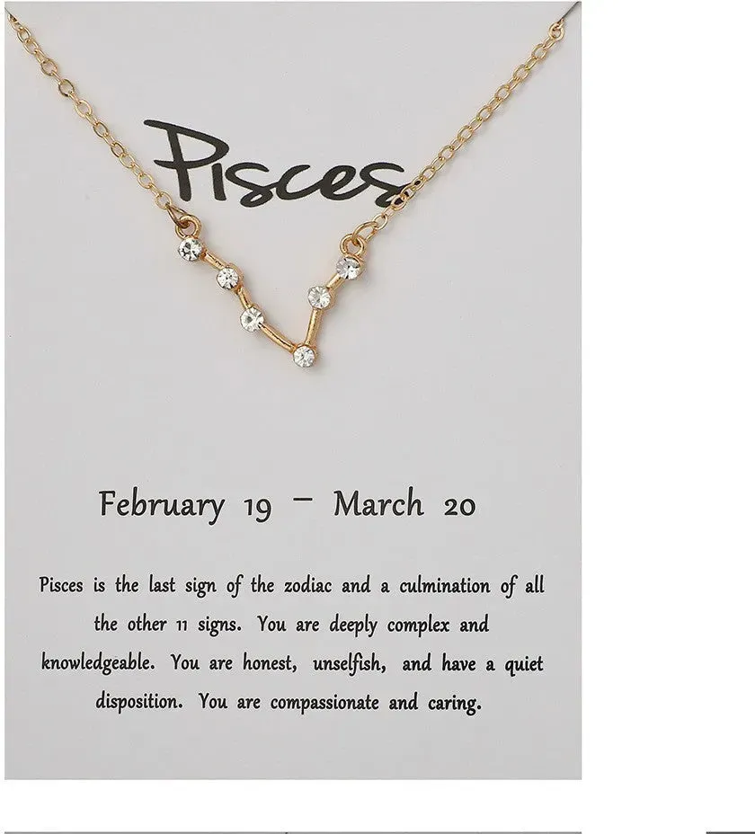 Desiny Jewels Gold Plated Rhinestone Decor Pisces Horoscope Astrology Zodiac Card Necklace Alloy Necklace