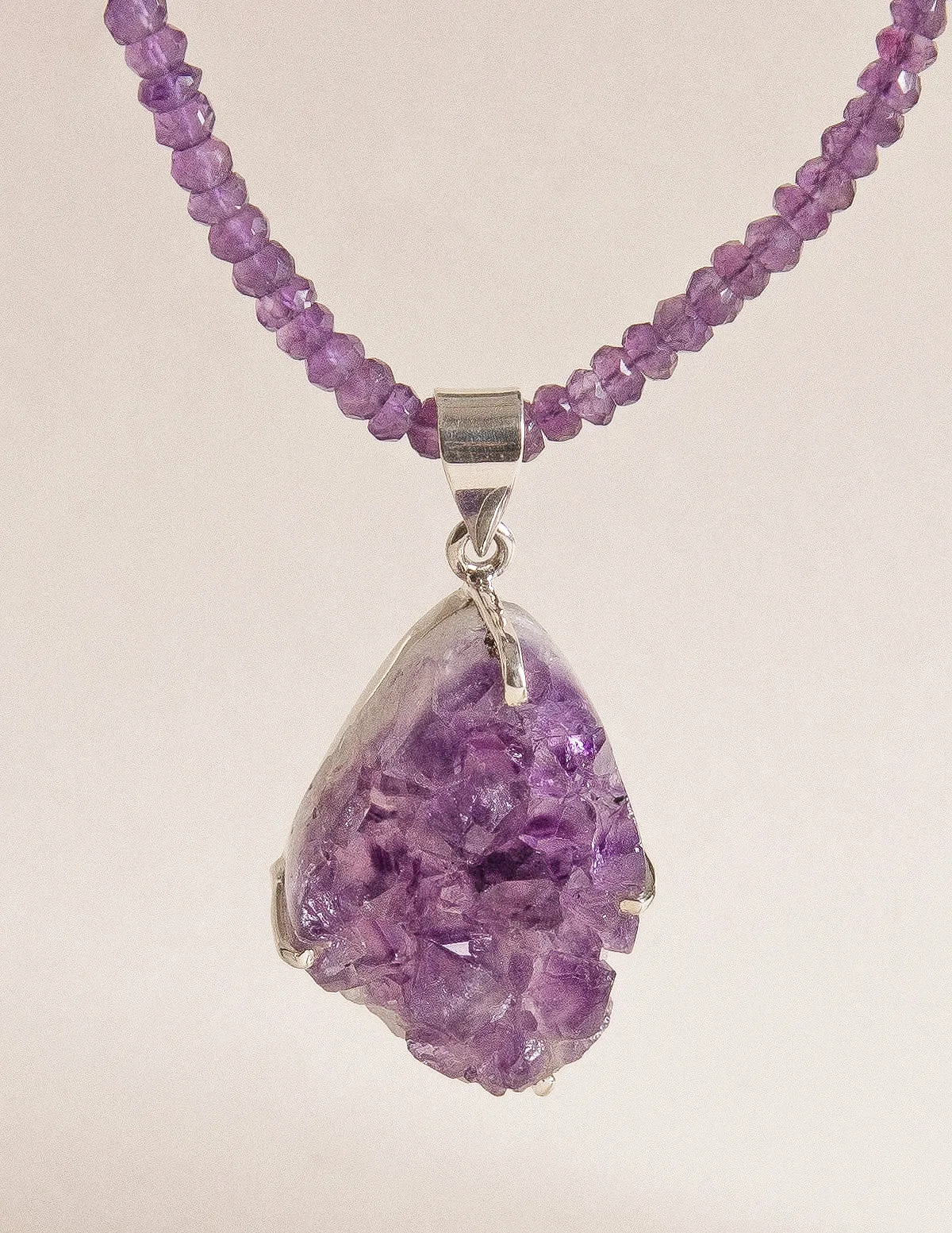 Druzy Amethyst Pendant Beaded Necklace - One of a Kind