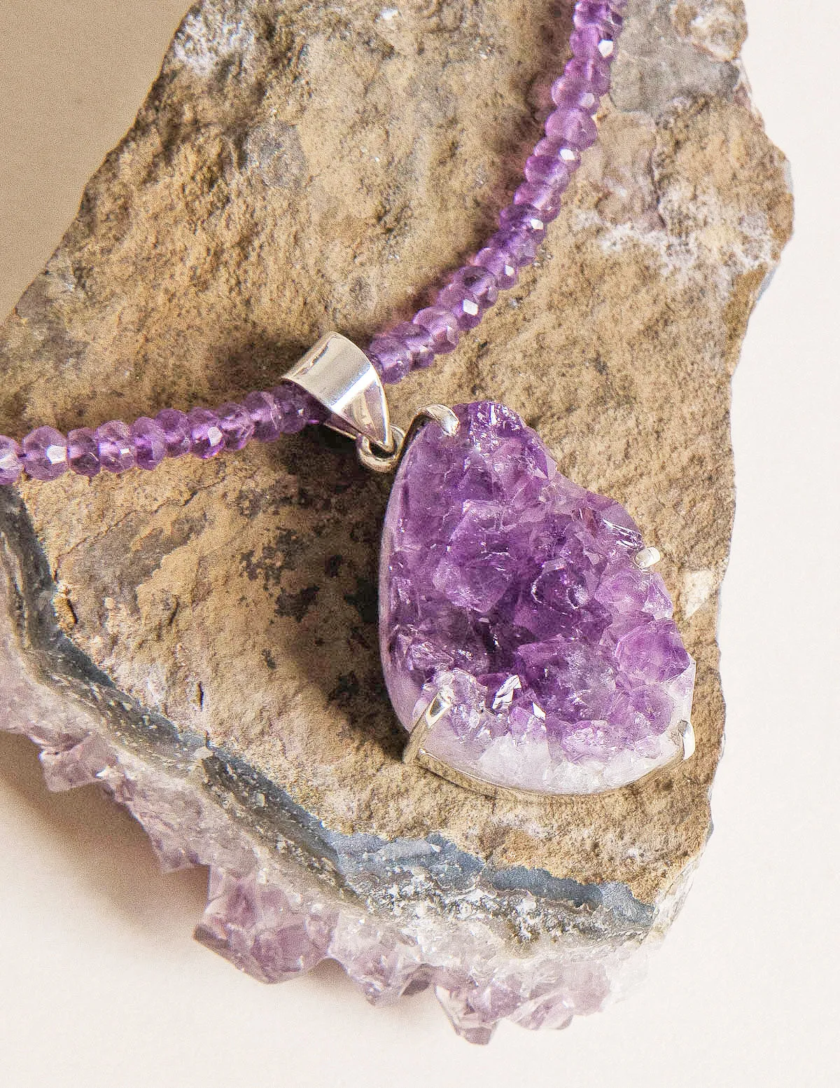 Druzy Amethyst Pendant Beaded Necklace - One of a Kind