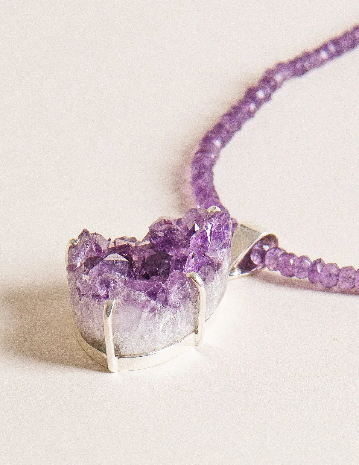 Druzy Amethyst Pendant Beaded Necklace - One of a Kind