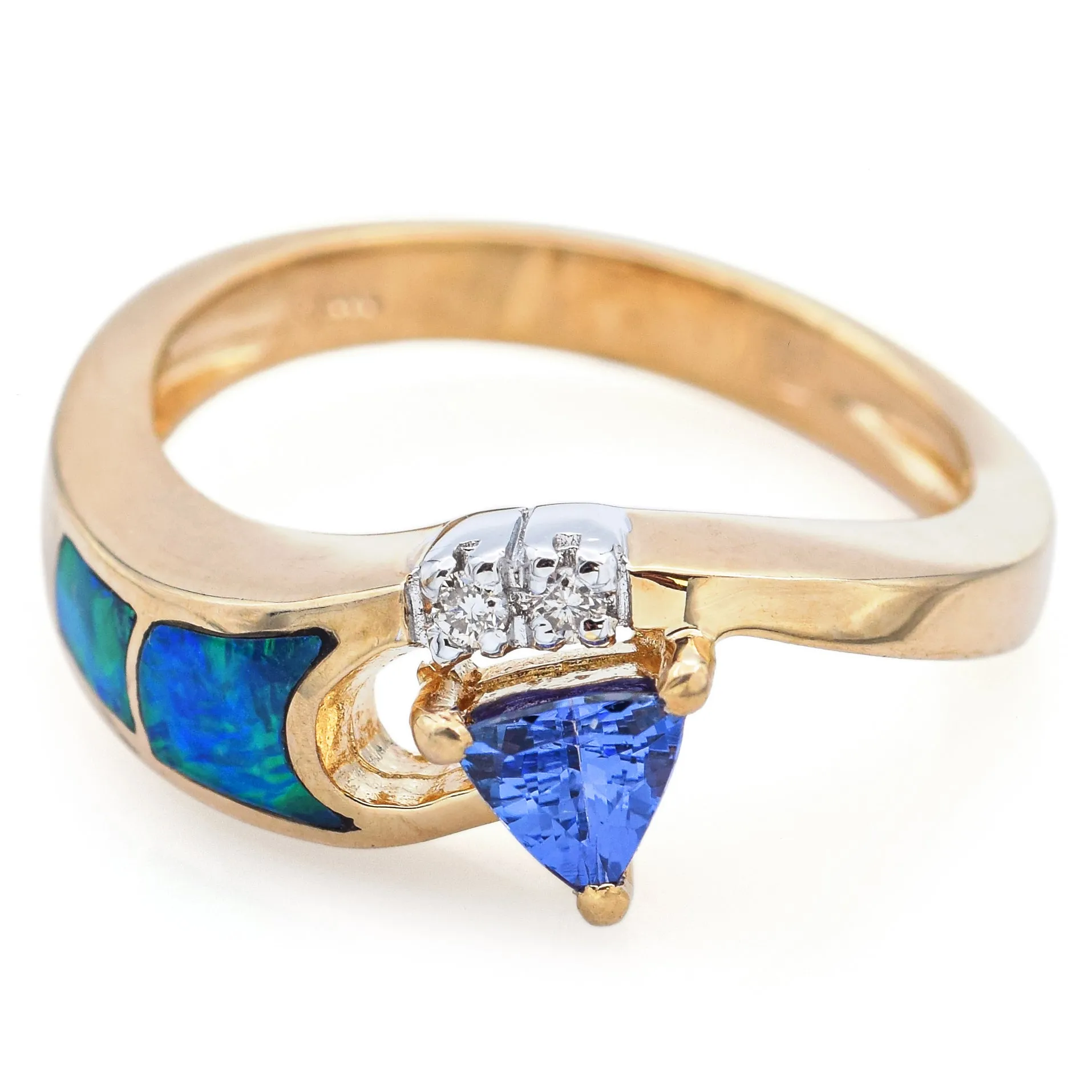 Estate Tanzanite, Black Opal & Diamond 14K Yellow Gold Band Ring Size 7