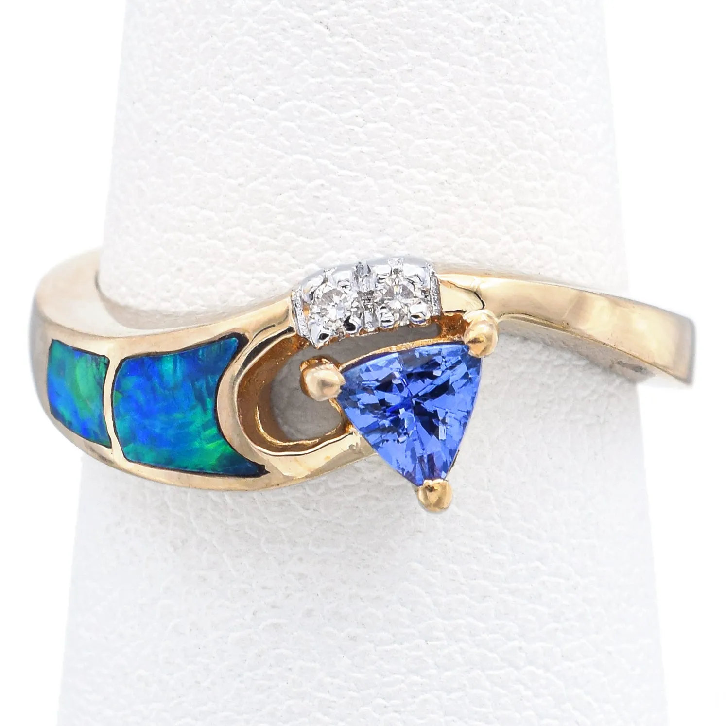 Estate Tanzanite, Black Opal & Diamond 14K Yellow Gold Band Ring Size 7