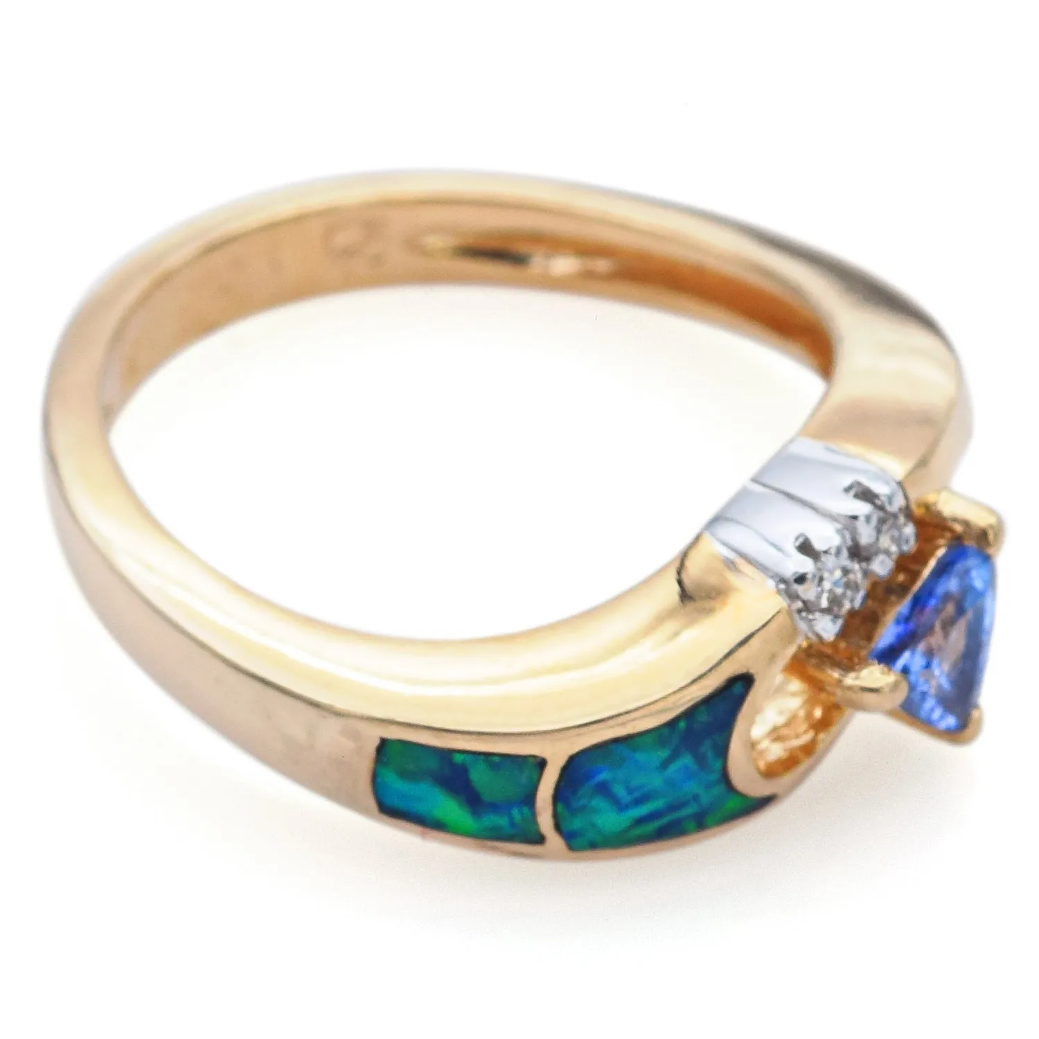 Estate Tanzanite, Black Opal & Diamond 14K Yellow Gold Band Ring Size 7