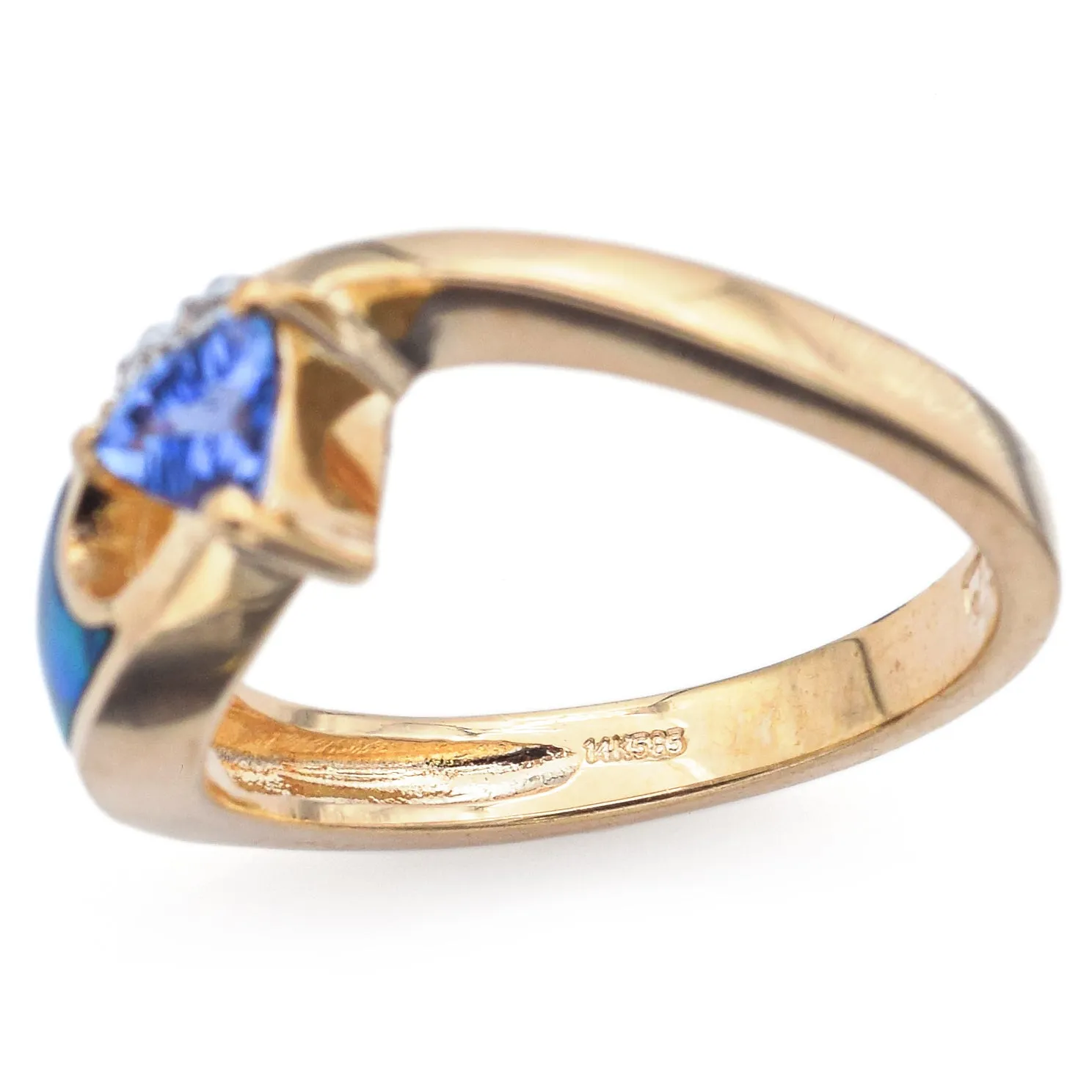 Estate Tanzanite, Black Opal & Diamond 14K Yellow Gold Band Ring Size 7