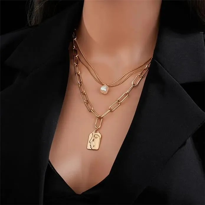 Fashion Stylish Metal Multilayer Chain Heart Shape Pendant Necklace With Adjustable Chain