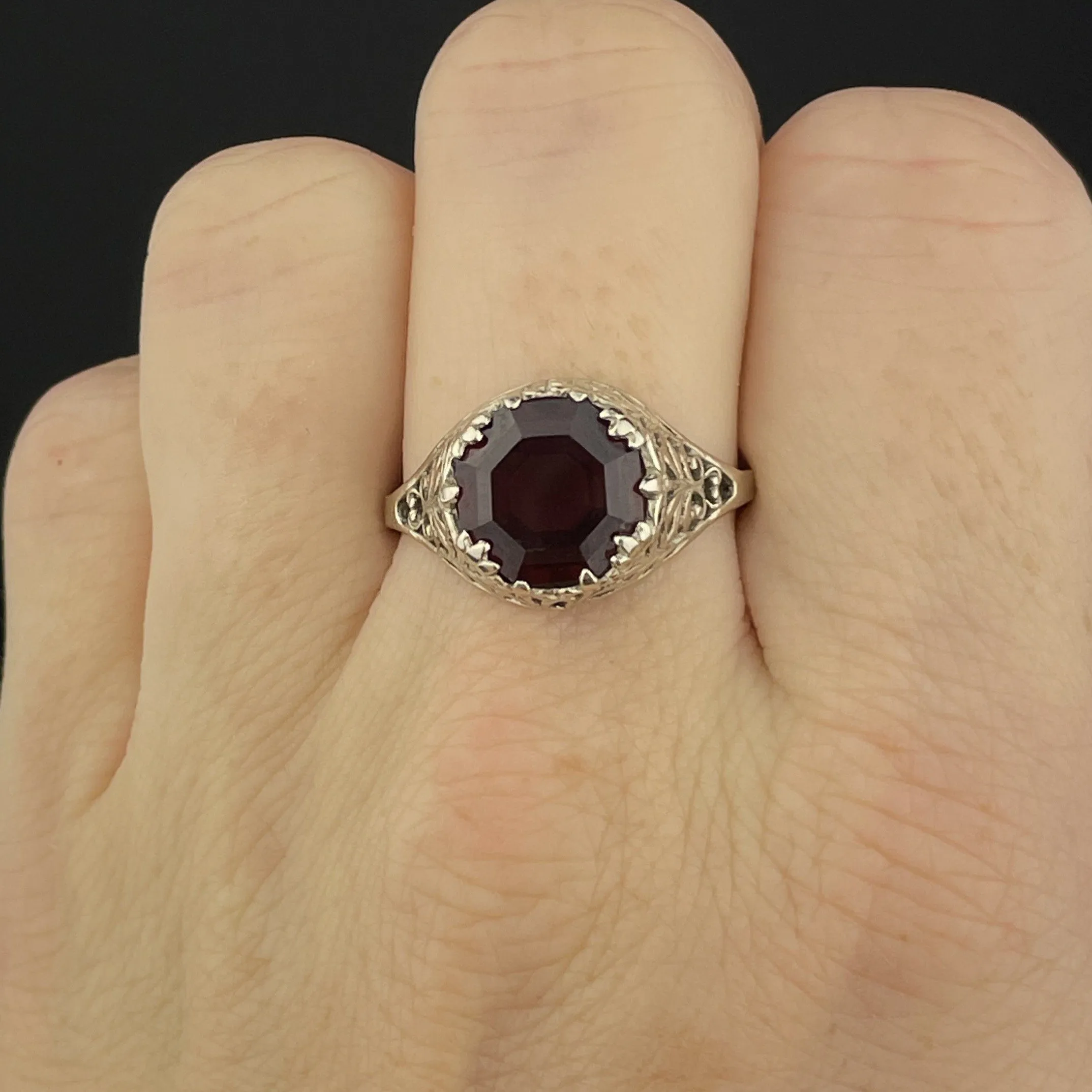 Garnet 14K White Gold Filigree Edwardian Ring, Sz 9.5