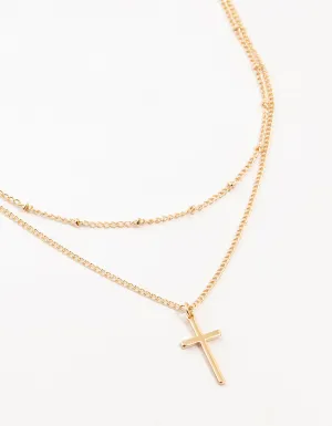 Gold Ball Chain & Cross Layered Necklace