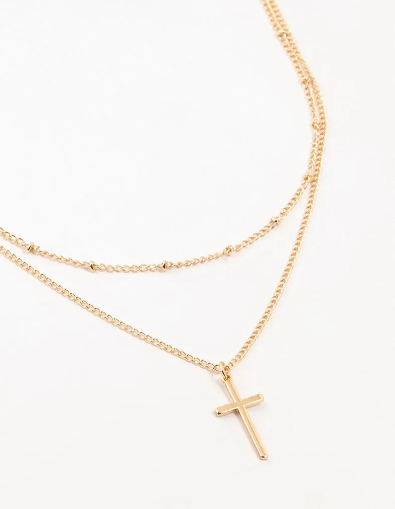 Gold Ball Chain & Cross Layered Necklace