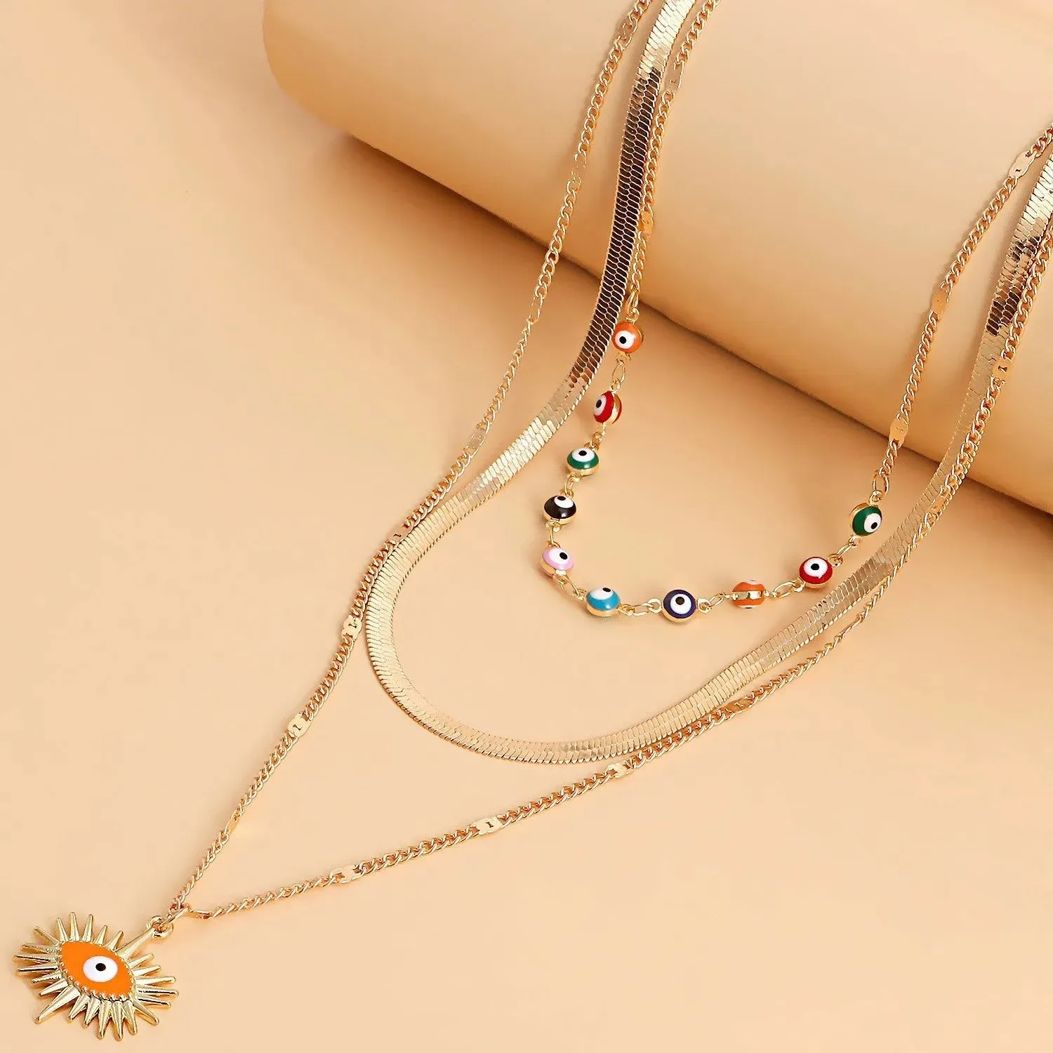 Gold Plated Colorful Gemstone Evil Eye Choker Multilayer Necklace Alloy Necklace