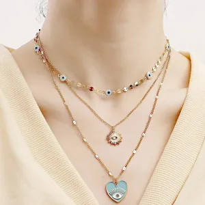 Gold Plated Evil Eye Bohemian Colorful Beads Blue Heart Multilayer Alloy Necklace