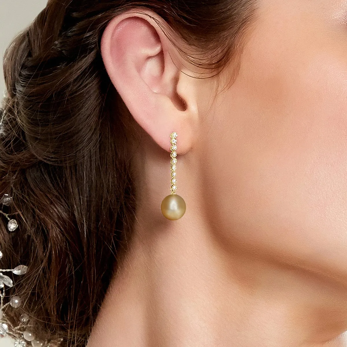 Golden South Sea Pearl & Diamond Bellatrix Dangle Earrings