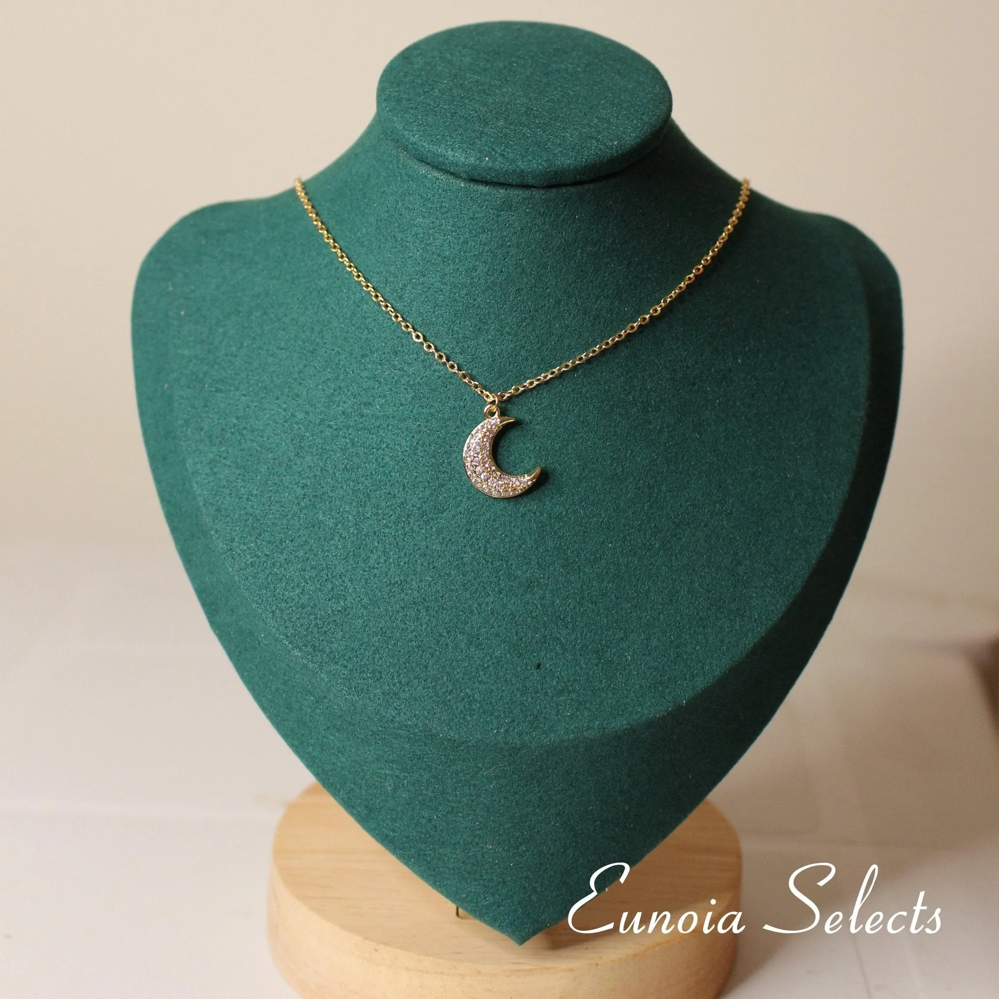 Hannah Crescent Moon Pendant Necklace, 14k Gold Plated Brass Chain w. Cubic Zirconia