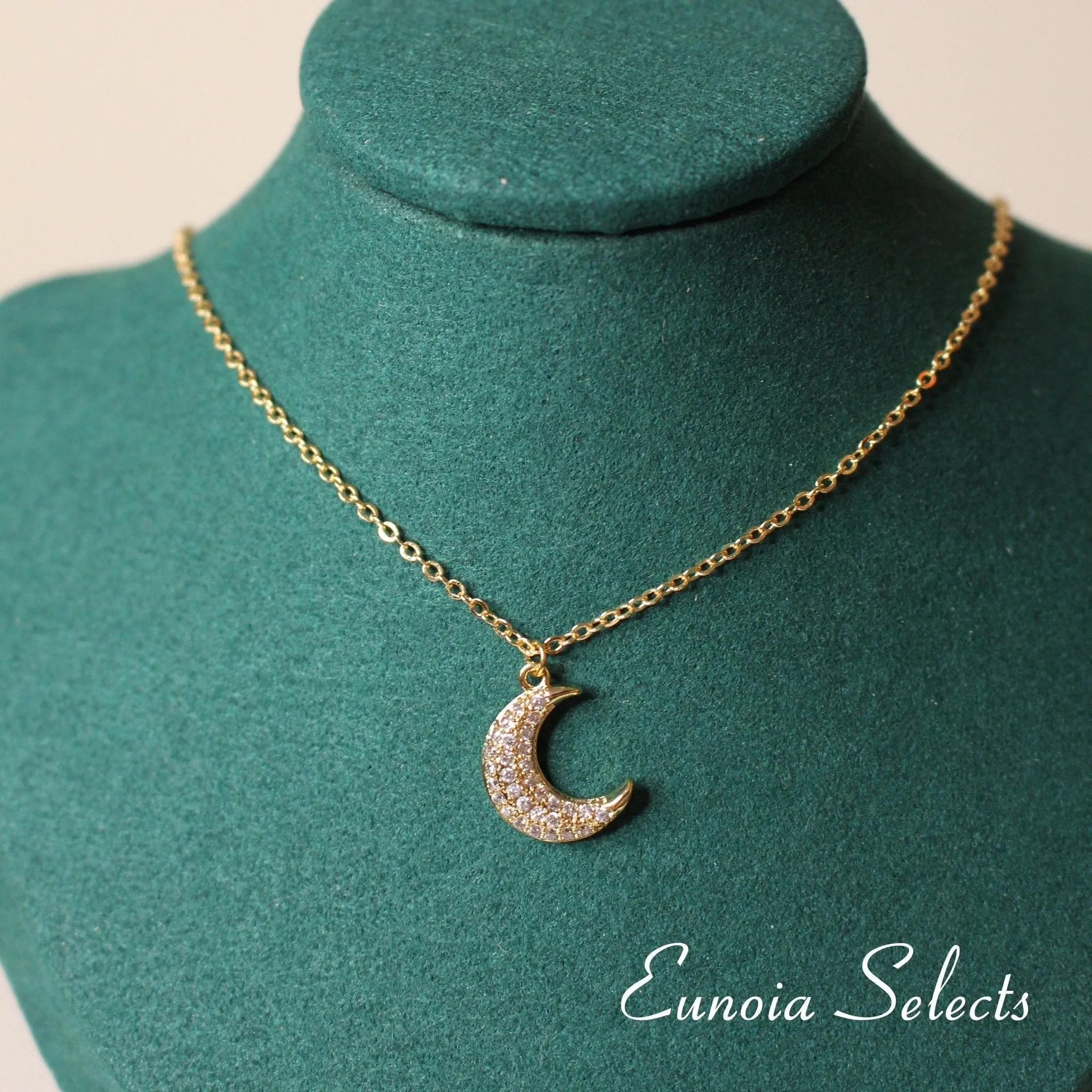 Hannah Crescent Moon Pendant Necklace, 14k Gold Plated Brass Chain w. Cubic Zirconia