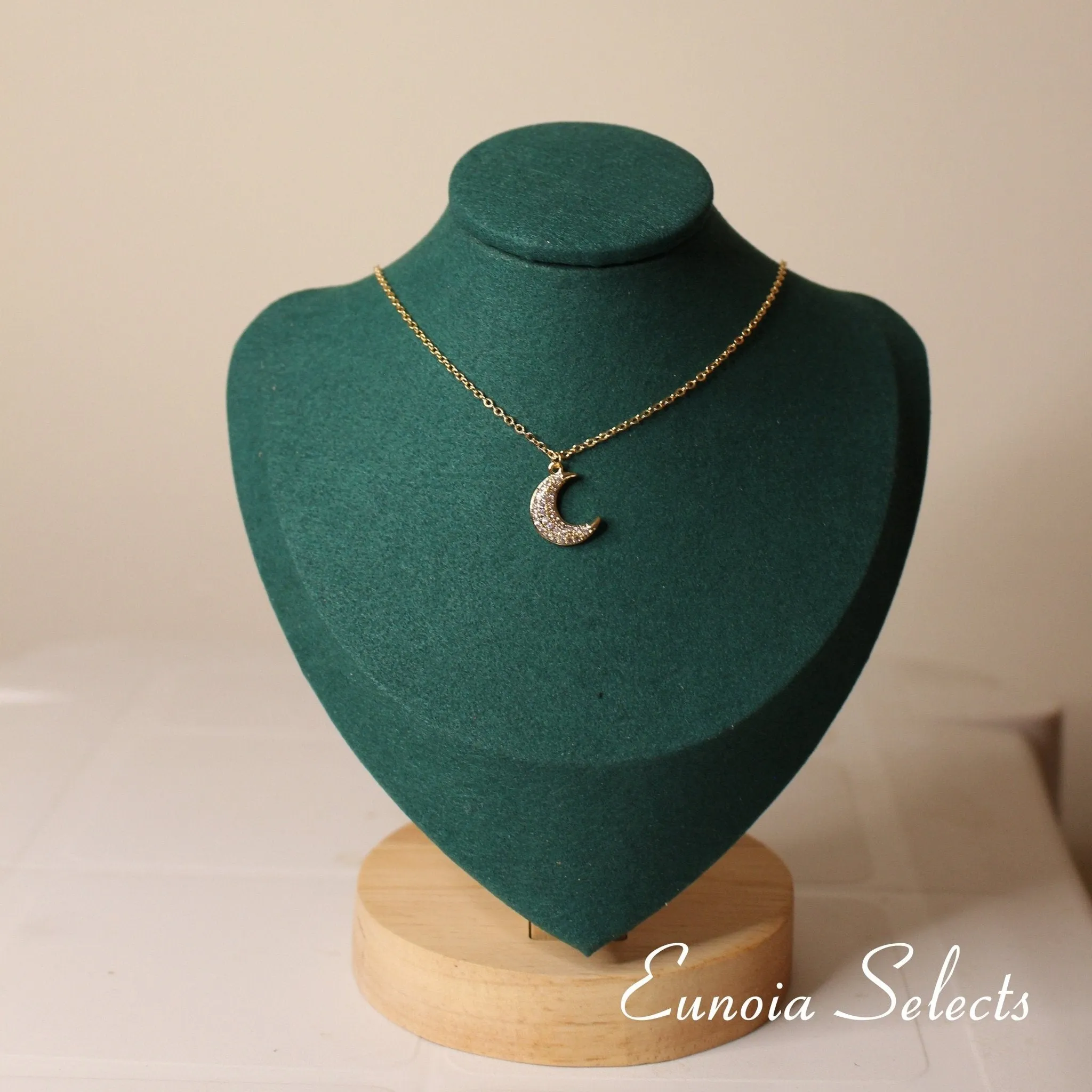 Hannah Crescent Moon Pendant Necklace, 14k Gold Plated Brass Chain w. Cubic Zirconia