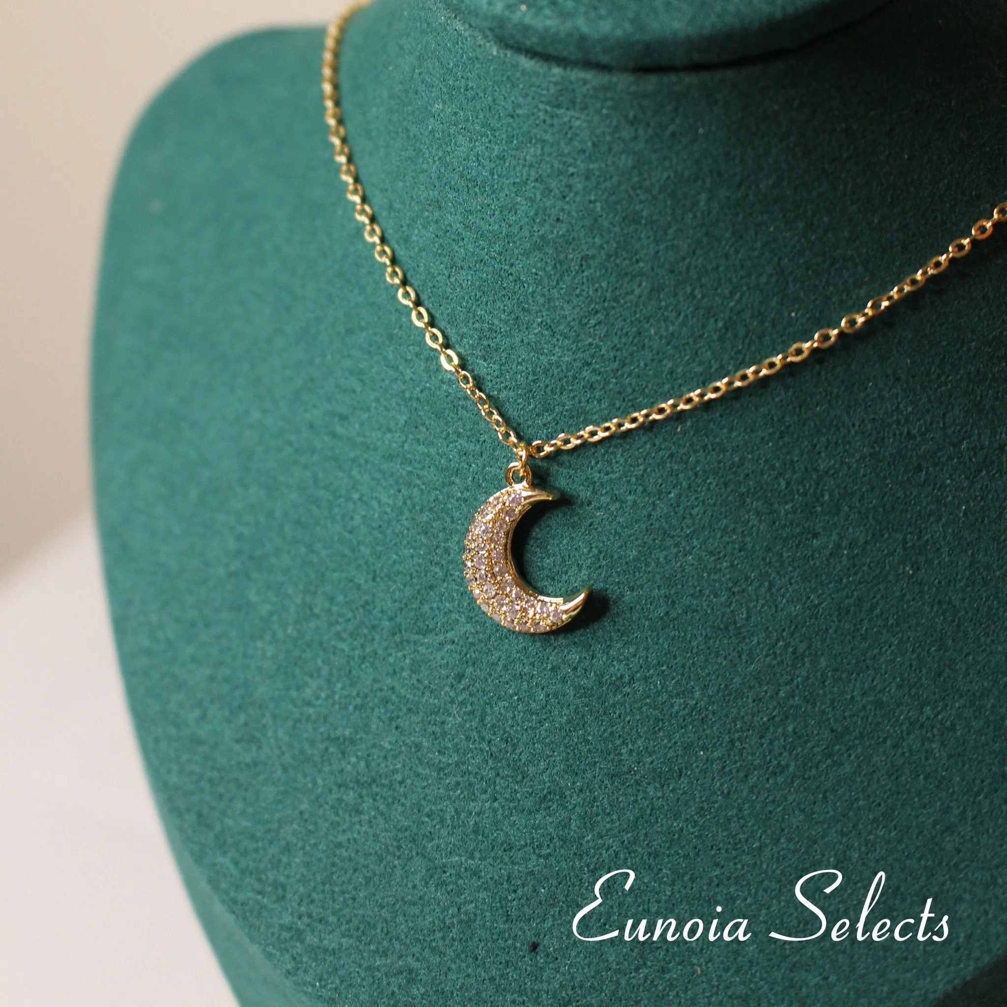 Hannah Crescent Moon Pendant Necklace, 14k Gold Plated Brass Chain w. Cubic Zirconia