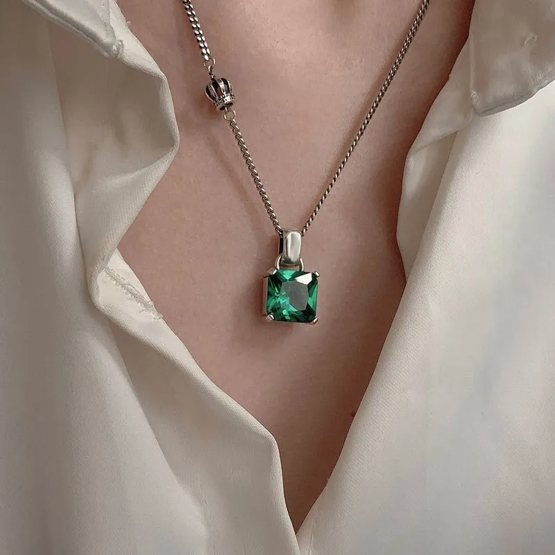 Haven Vintage Emerald Green Pendant Necklace, Regal Crown Charm   Silver 925 Silver Chain