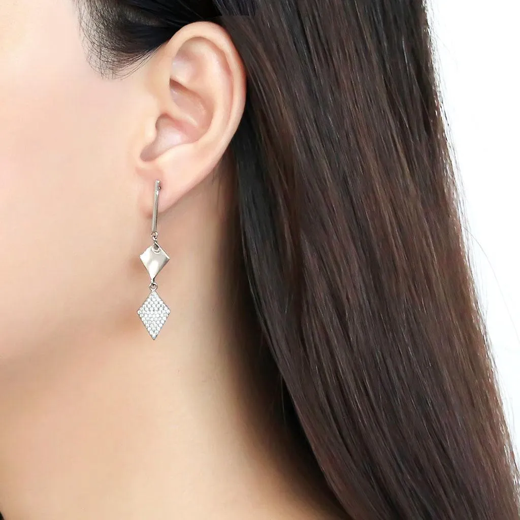 High polished (no plating) Stainless Steel Earrings with AAA Grade CZ in Clear for Women Clear Stone Color Style DA194