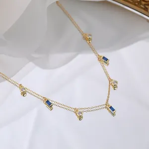 Ivy Sapphire Blue Necklace Dainty Dangle Charms w. 18K Gold Plated Chain