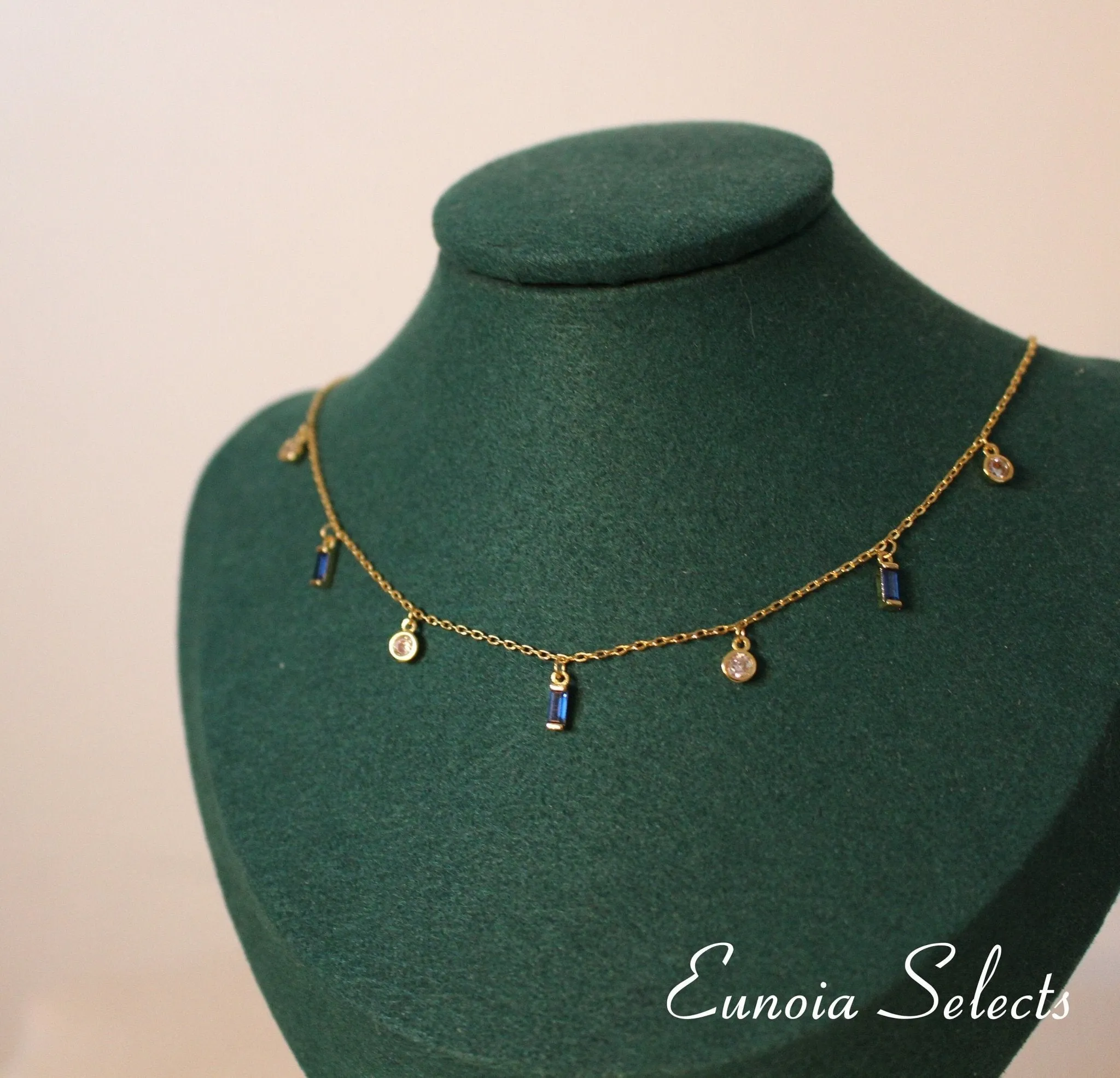 Ivy Sapphire Blue Necklace Dainty Dangle Charms w. 18K Gold Plated Chain