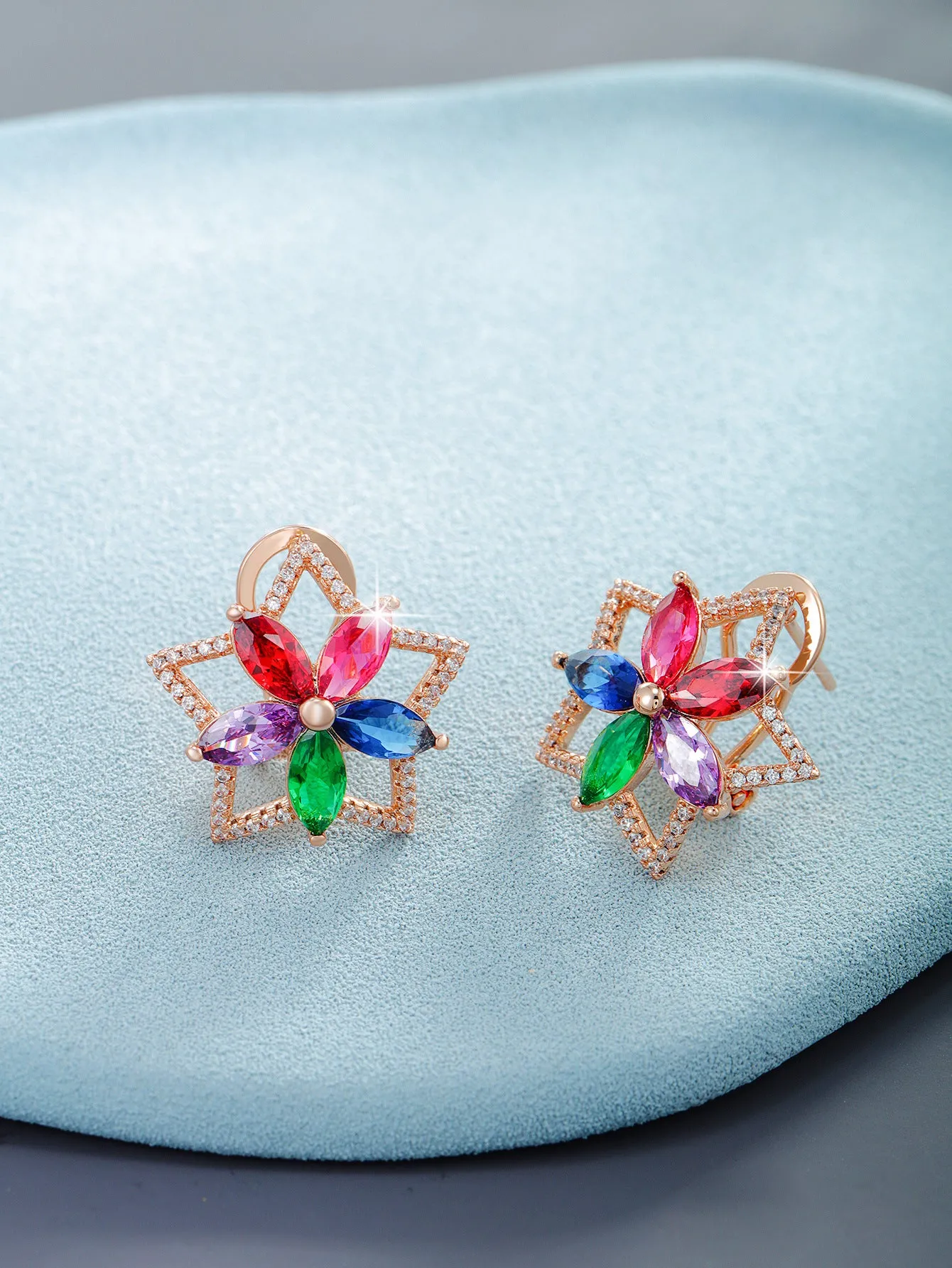 Jewelry imitation colorful treasure series five-pointed star flower earrings women's color light luxury temperament earrings