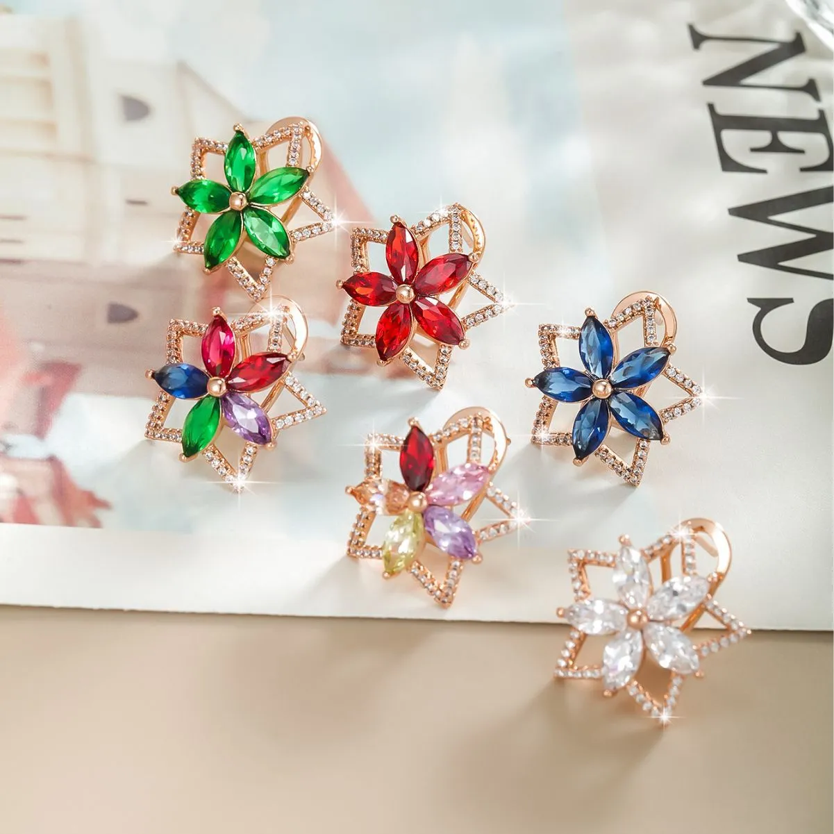 Jewelry imitation colorful treasure series five-pointed star flower earrings women's color light luxury temperament earrings