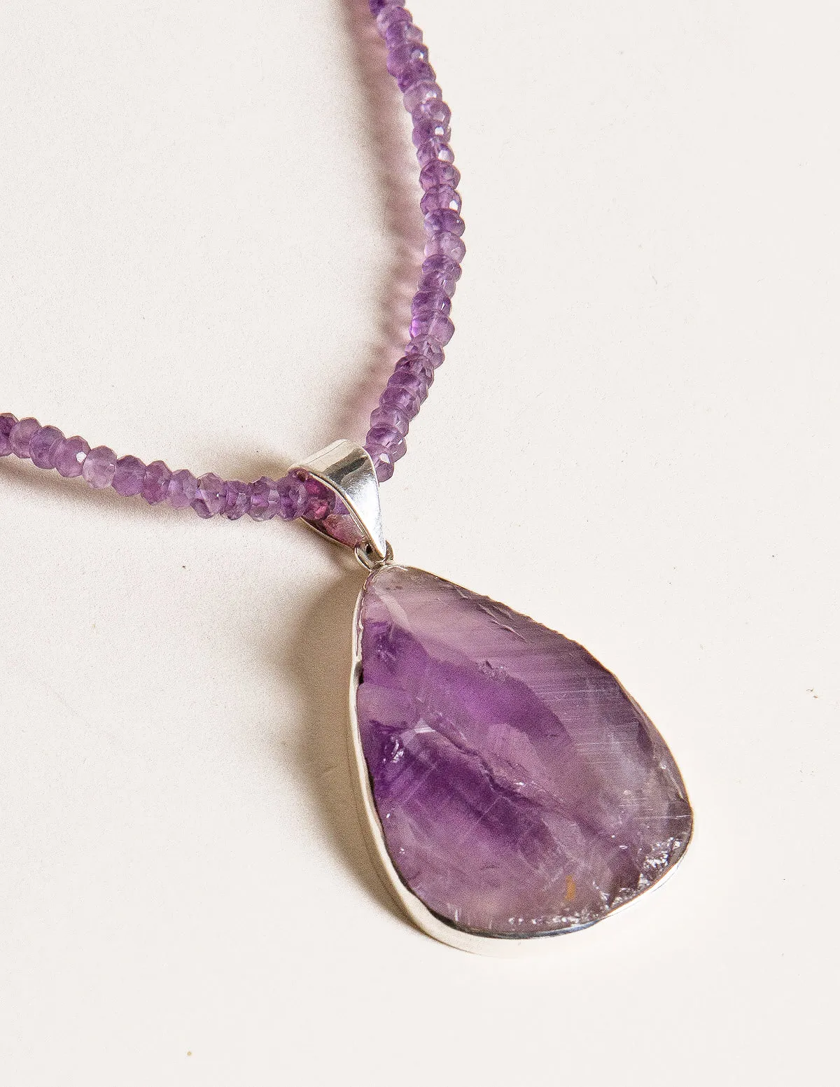 Large Teardrop Natural Amethyst Pendant Beaded Necklace - One of a Kind