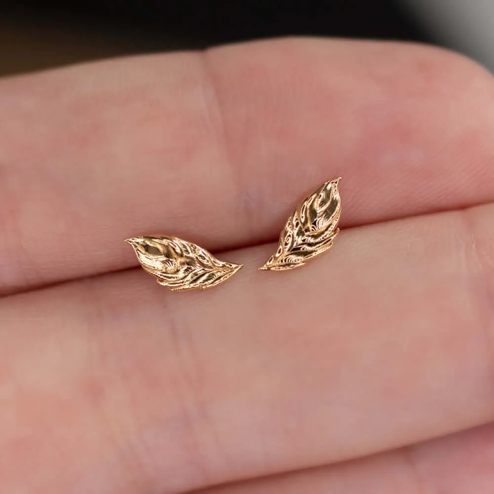 LEAF EARRINGS 14K YELLOW GOLD STUDS DAINTY MINIMALIST ORGANIC NATURE TEXTURED YG