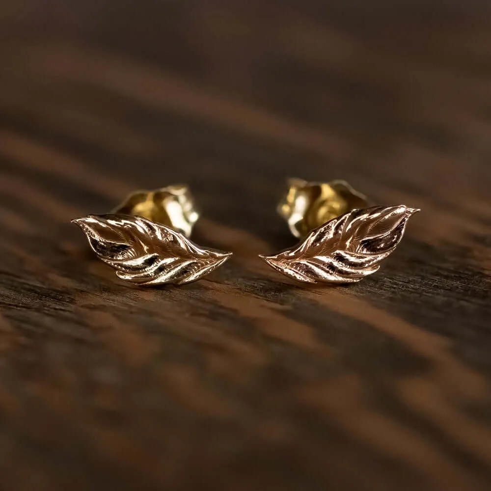 LEAF EARRINGS 14K YELLOW GOLD STUDS DAINTY MINIMALIST ORGANIC NATURE TEXTURED YG