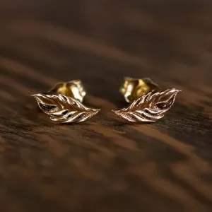 LEAF EARRINGS 14K YELLOW GOLD STUDS DAINTY MINIMALIST ORGANIC NATURE TEXTURED YG