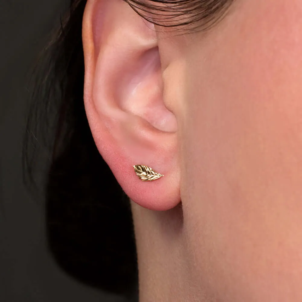 LEAF EARRINGS 14K YELLOW GOLD STUDS DAINTY MINIMALIST ORGANIC NATURE TEXTURED YG