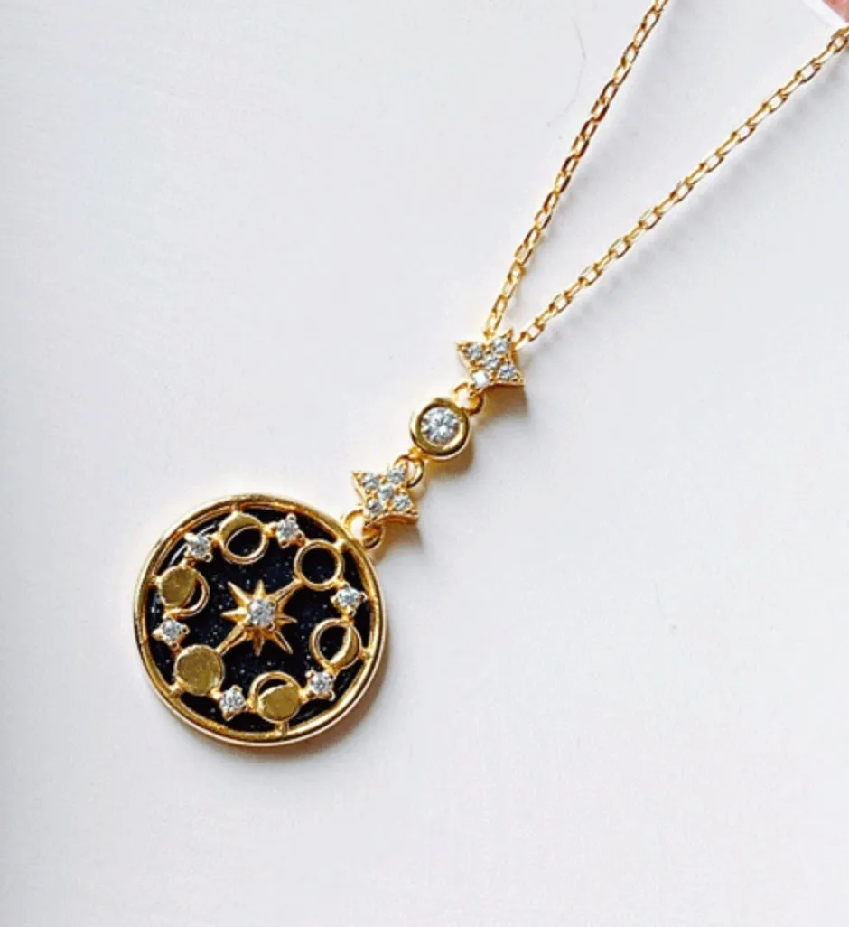 Luna 14k Gold Medallion Necklace, Moon Phase Blue Sandstone Pendant | Sparkle Shine