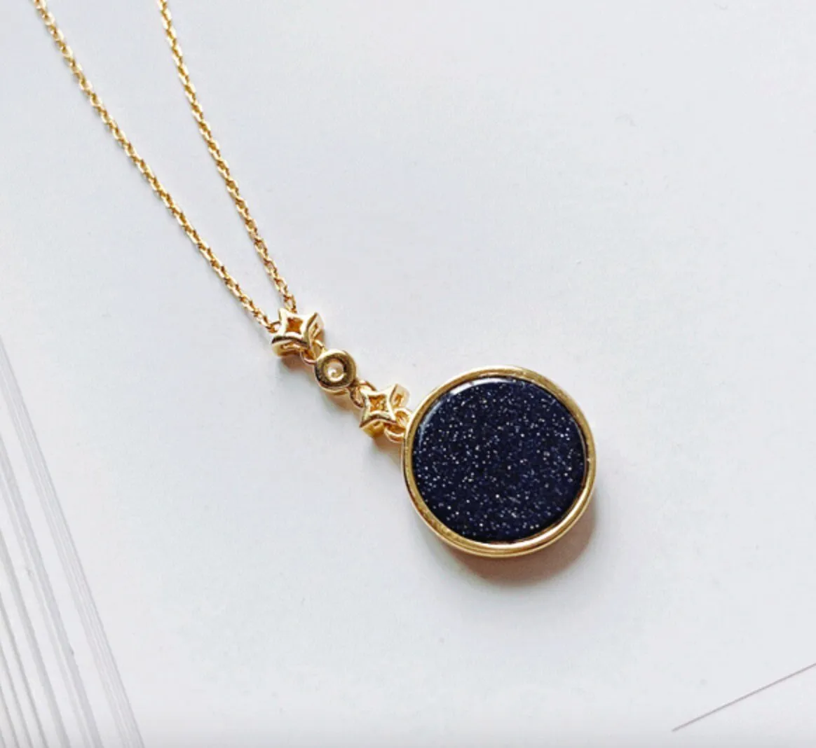 Luna 14k Gold Medallion Necklace, Moon Phase Blue Sandstone Pendant | Sparkle Shine