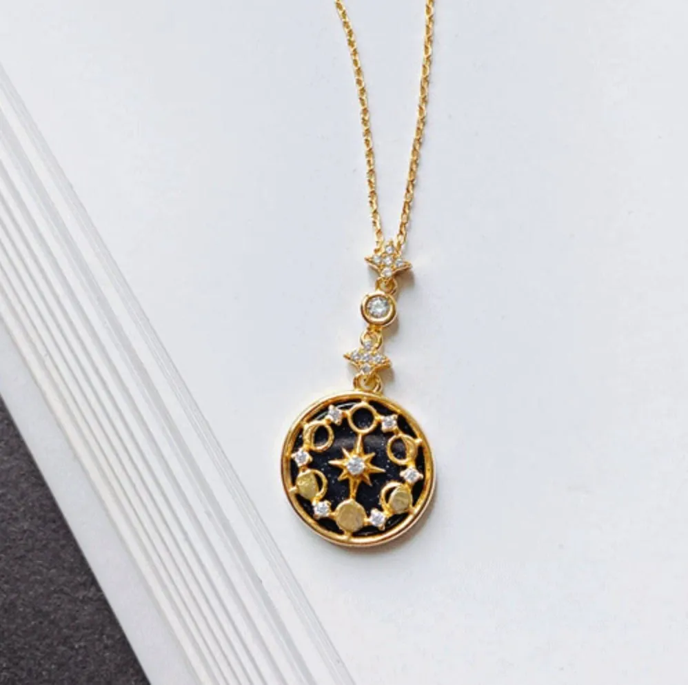 Luna 14k Gold Medallion Necklace, Moon Phase Blue Sandstone Pendant | Sparkle Shine