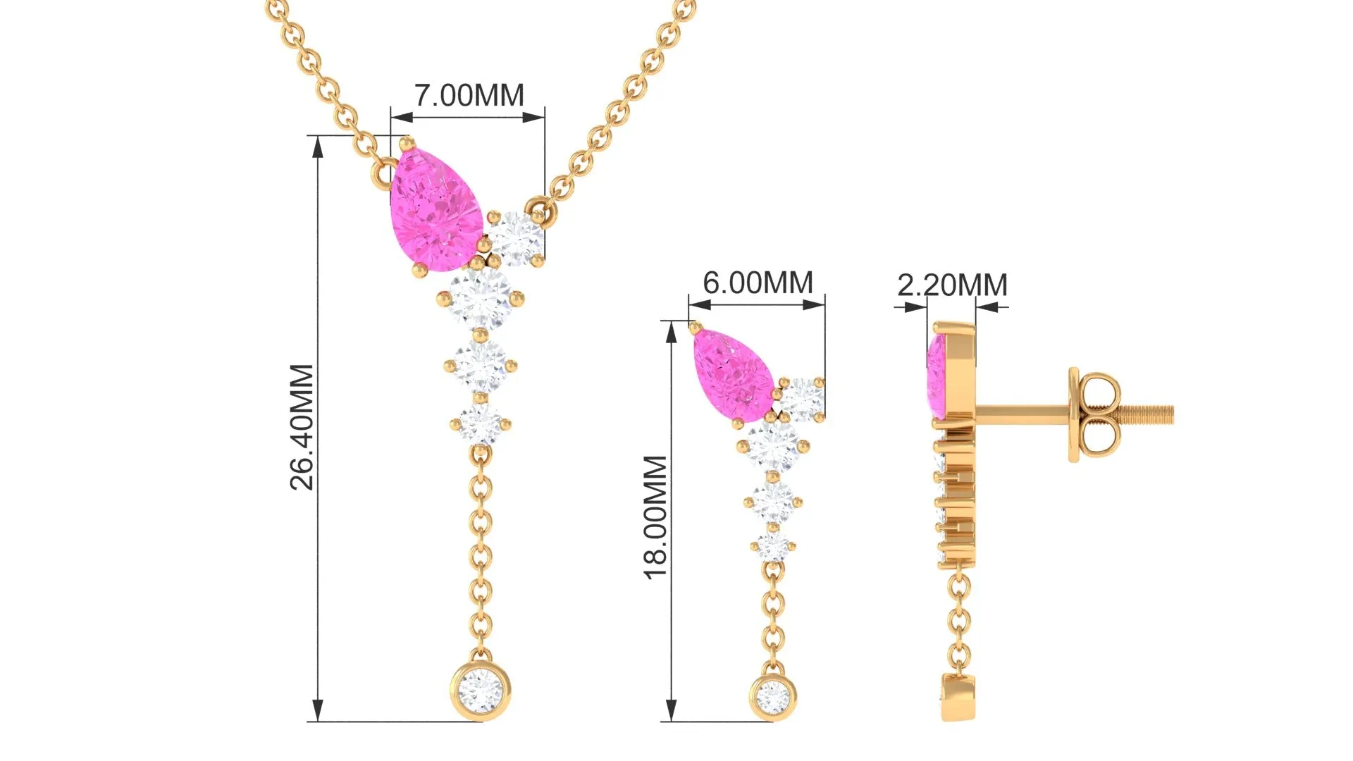 Minimal Pink Sapphire Dangle Necklace and Earrings Set with Diamond